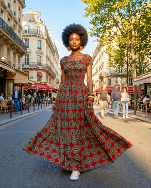 Afro Bohemian peasant inspired African print maxi dress.