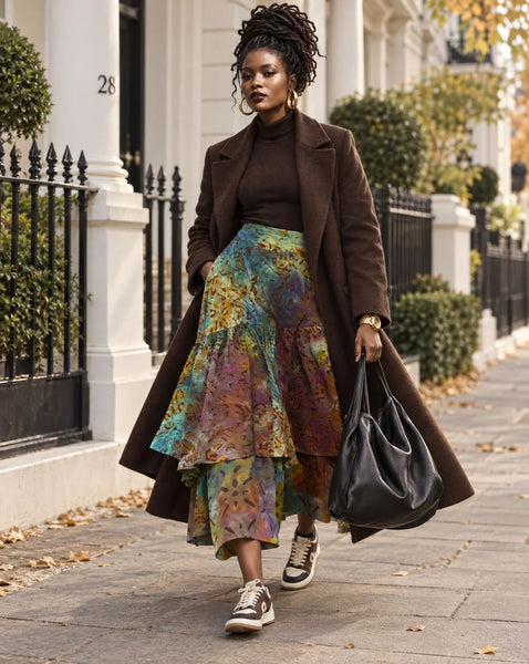 Azichi tiered skirt in a hand dyed fabric in a multicoloured palette.
