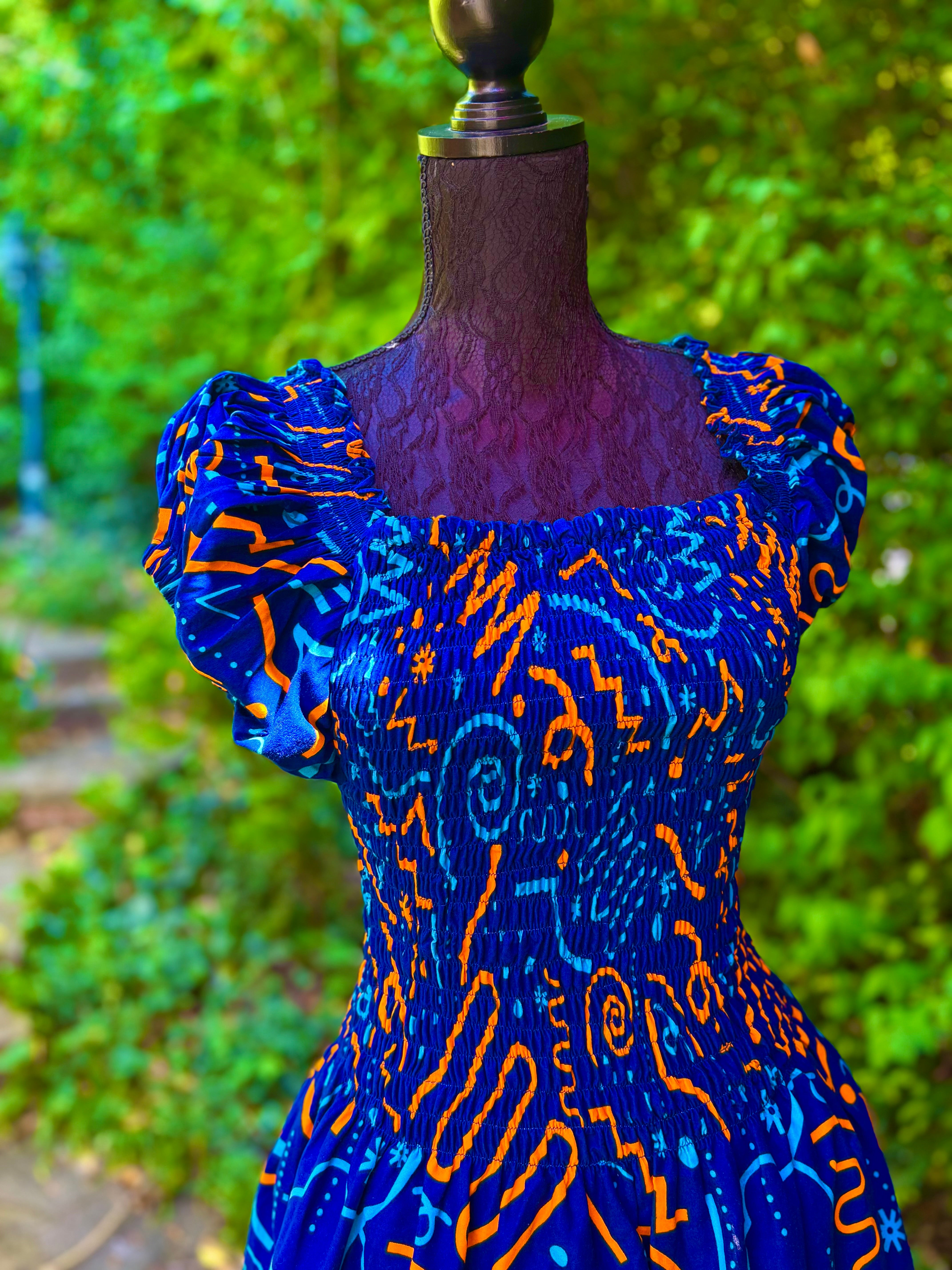 Smocked Ankara dress in blue.
