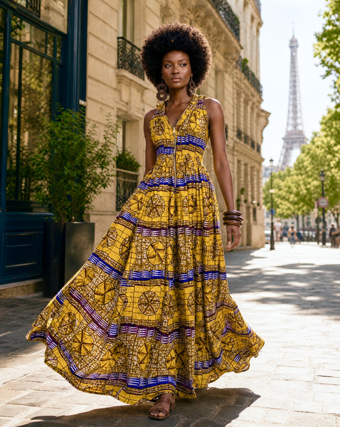 Lola African print smocked sleeveless maxi dress in a vibrant geometric print.
