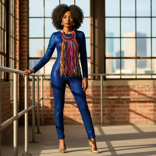 Multicoloured long fringe leather statement.