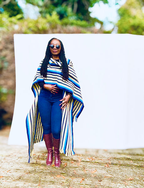 Yelawa handwoven unisex kimono in blue and beige stripes.