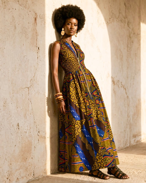 Lola African print patchwork summer sleeveless maxi dress in earthy hues.
