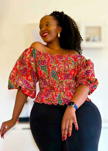 RAHE African print statement puff sleeve blouse.