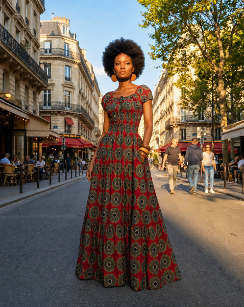 Afro Bohemian peasant inspired African print maxi dress.