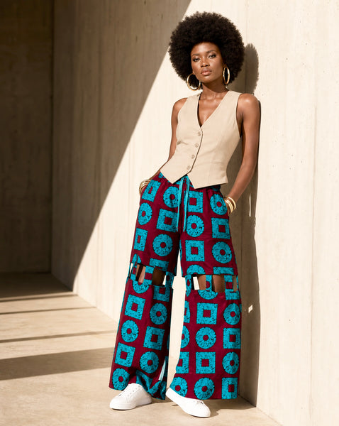 African print statement pants in a geometric print with cut outs.