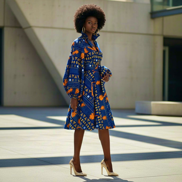 Zanda dress with statement sleeves in blue.