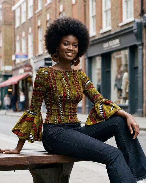 African print statement bell sleeves top.