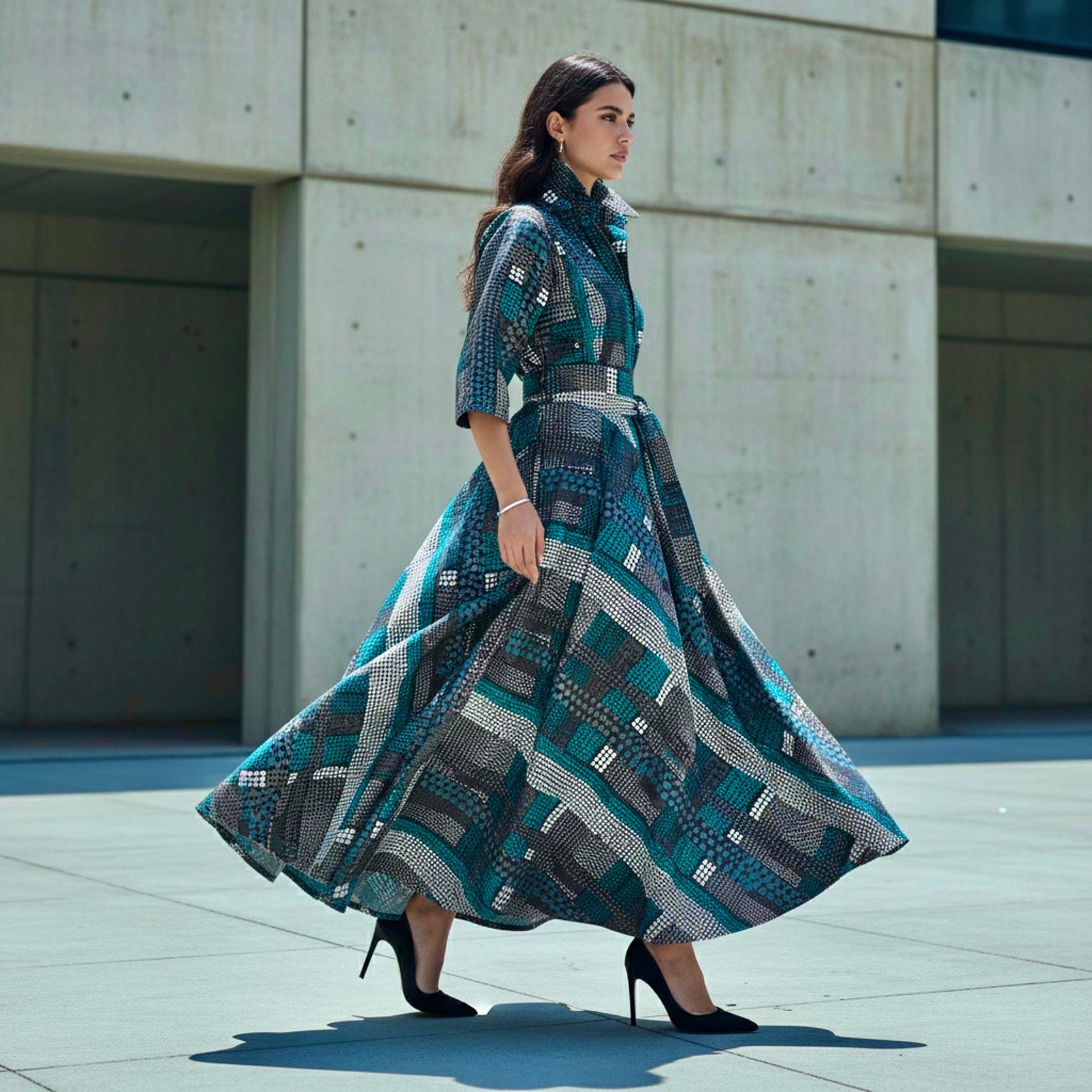 Tahama belted maxi shirt dress in a geometric print.
