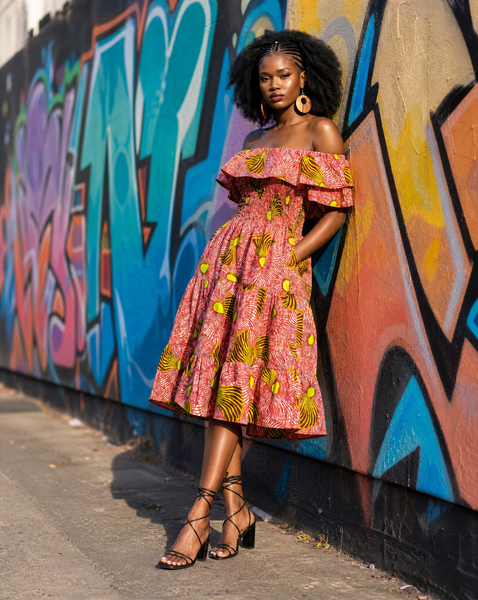 African print off the shoulder A line sun dress.