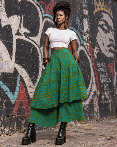 Azichi tiered skirt in green in a hand dyed fabric.