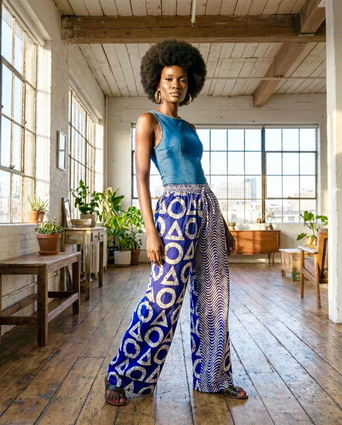 New. Ndini Wide leg one of a kind geometric blue and white African print pants.