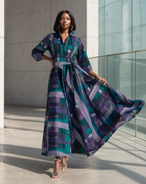 Tahama belted maxi shirt dress in a geometric print.