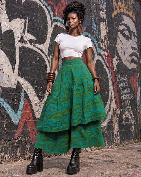 Azichi tiered skirt in green in a hand dyed fabric.