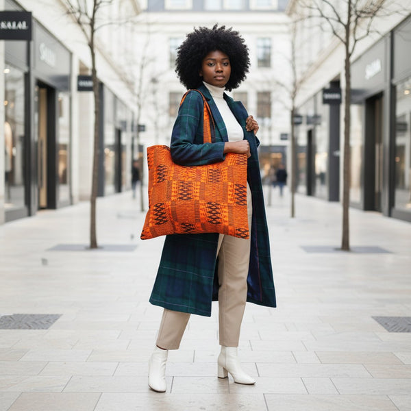Oversized padded Tote bag in A vibrant kente print.