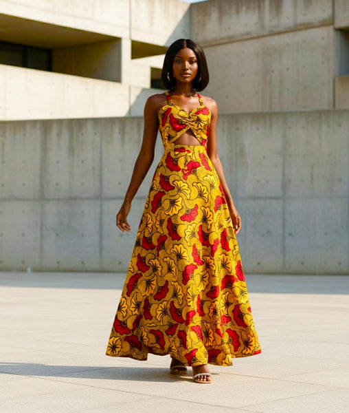 RIBA Maxi cut out sleeveless dress in a vibrant African print floral pattern.