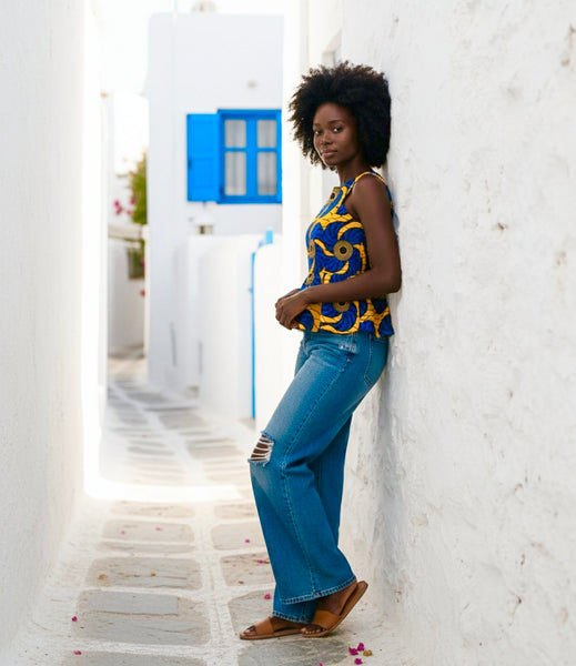 WUNAM Peplum top in mustard and blue