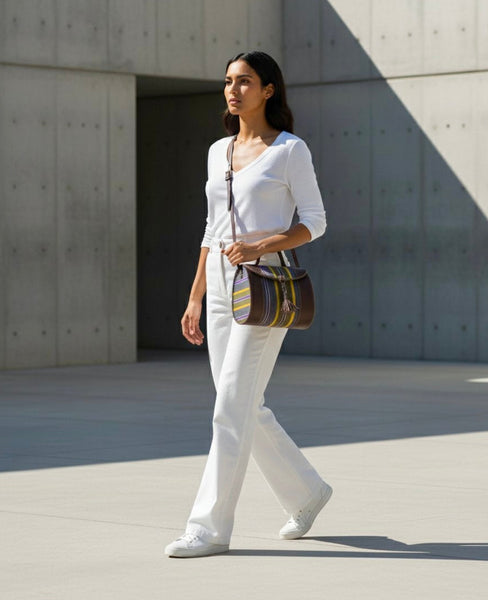 Hania Authentic Ghanaian Leather barrel bag with handwoven fugu fabric.