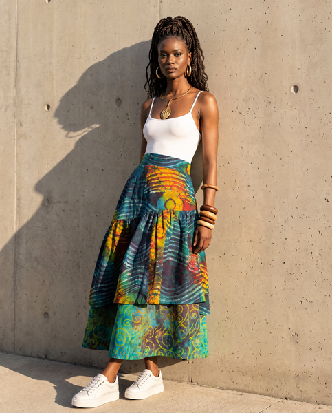 Azichi tiered skirt in a hand dyed fabric in a multicoloured palette.