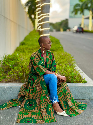 Rohe freesize kimono in a green floral vintage African print.