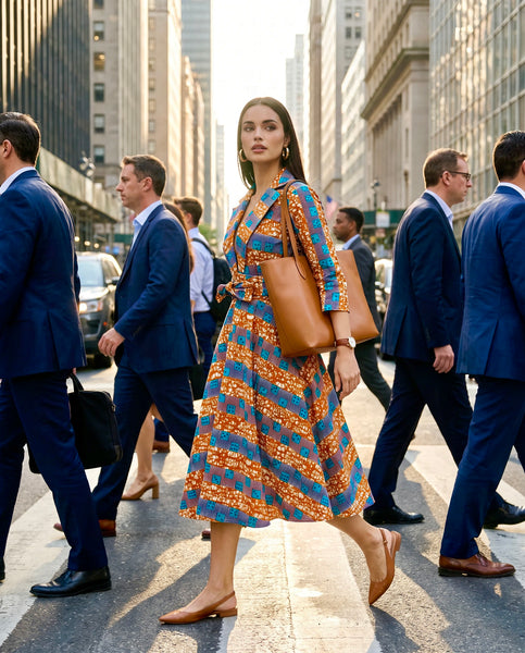 Kayla 50’s shirt style dress in a contemporary geometric African print.