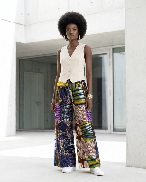 New. Ndini Wide leg one of a kind patchwork African print trousers