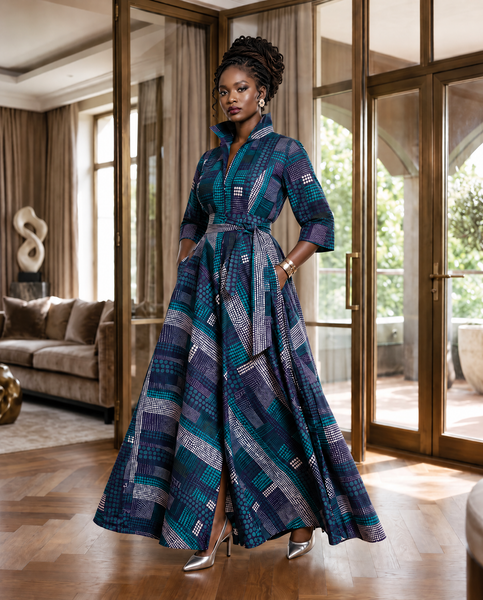Tahama belted maxi shirt dress in a geometric print.