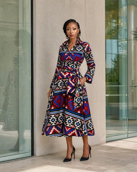 LARI full skirt shirt dress in a geometric print.