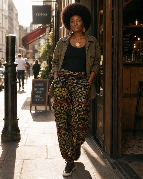 Cargo pants in an abstract hand dyed fabric.