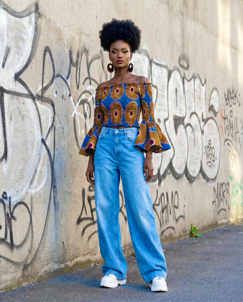African print statement bell sleeves top in a vintage print.