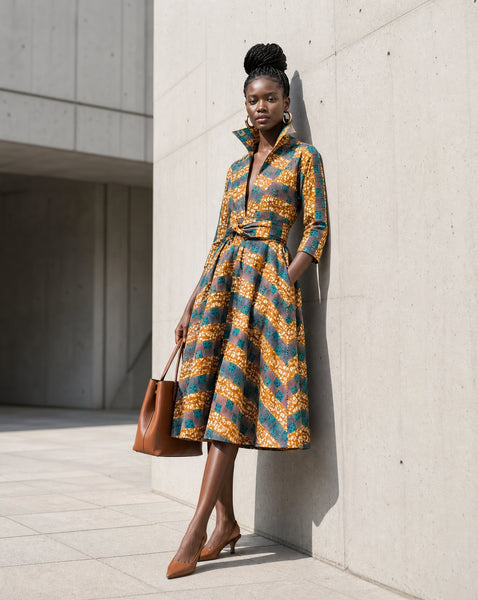 Kayla 50’s shirt style dress in a contemporary geometric African print.