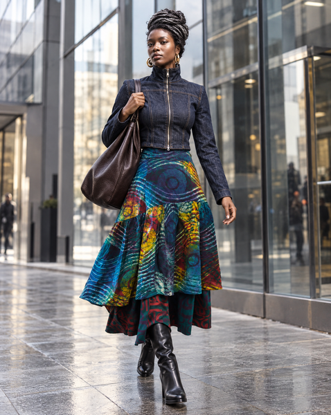 Azichi tiered skirt in a hand dyed fabric in a multicoloured palette.