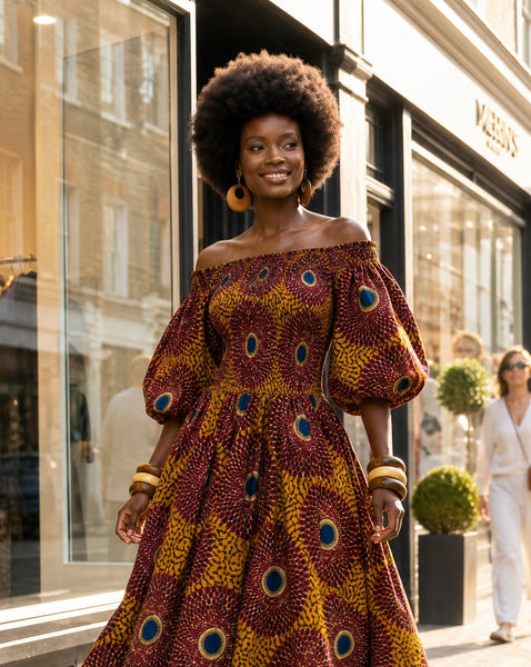 Puff sleeve statement dress in a vintage geometric African print.