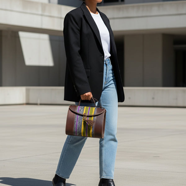 Hania Authentic Ghanaian Leather barrel bag with handwoven fugu fabric.