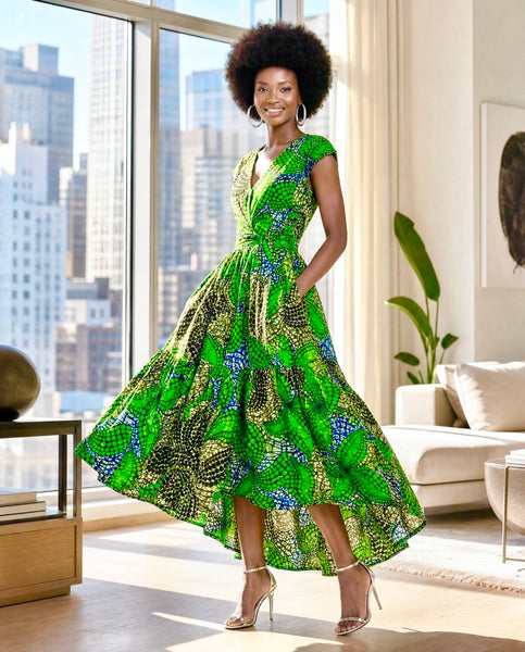 Wuntia dipped hem full belted dress with a deep V neck.