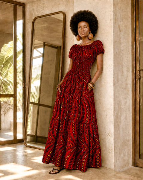 Afro Bohemian peasant inspired African print maxi dress