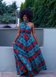 Fula free size palazzo infinity jumpsuit in green and red Aztec print. House of Afrika