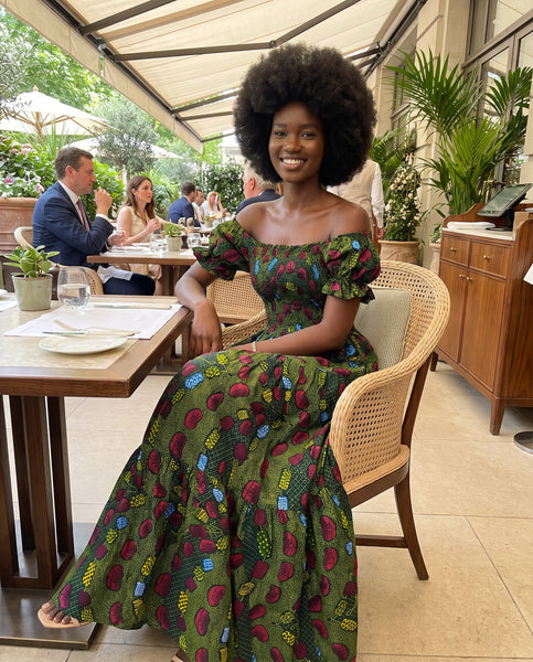 Tande Peasant bohemian maxi dress in forest green.