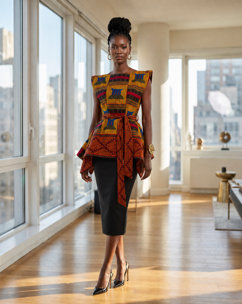 Zena Handkerchief hem peplum top in a vibrant contemporary kente print.