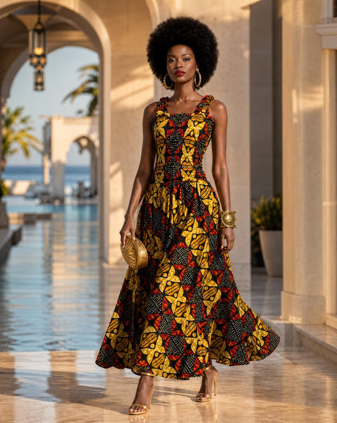 Fit and flare maxi dress in a vibrant contemporary African print.