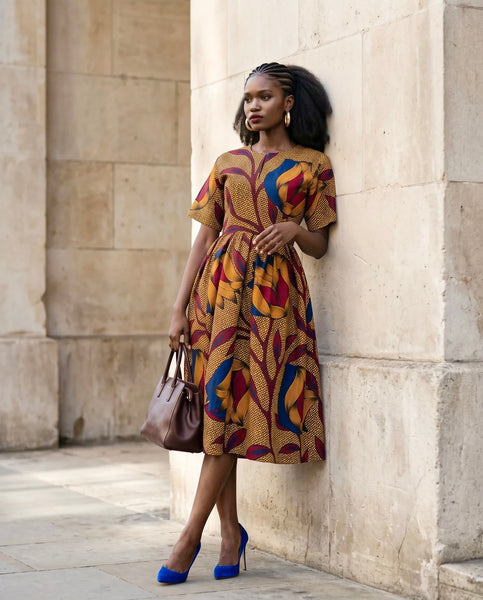 Bini full skirt dress in a leafy floral African print.