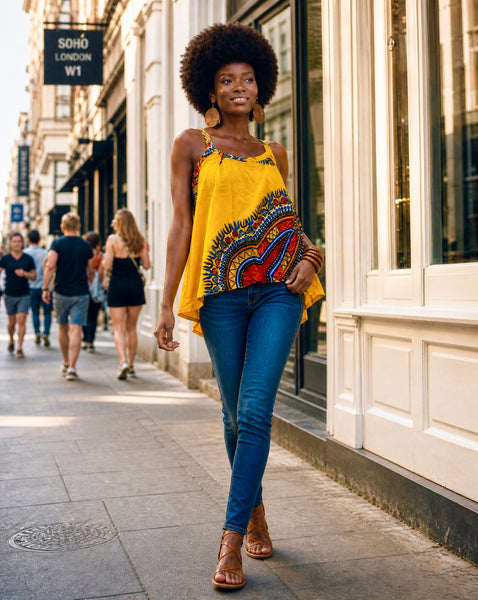 Yello Dashiki asymmetrical loose top.