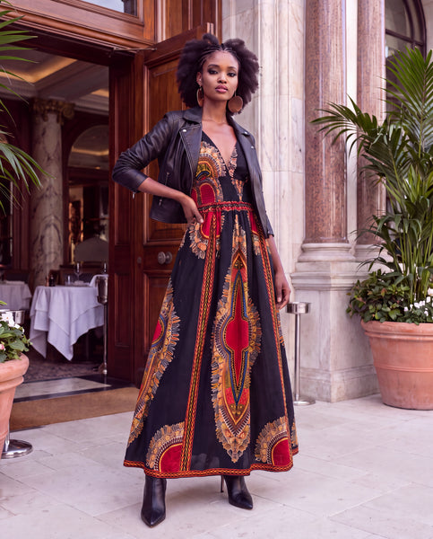 Black dashiki sleeveless maxi dress with double straps.