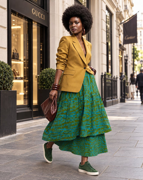 Azichi tiered skirt in green in a hand dyed fabric.