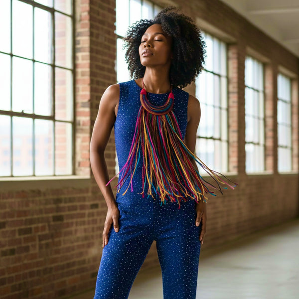 Multicoloured long fringe leather statement.