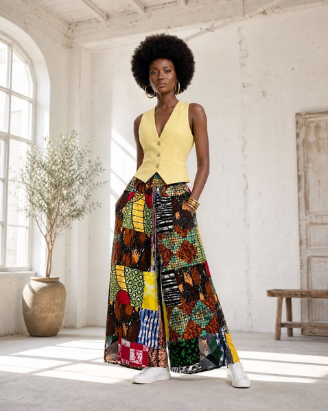 New. Ndini Wide leg one of a kind patchwork African print trousers.