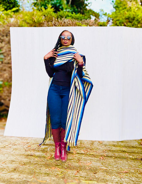 Yelawa handwoven unisex kimono in blue and beige stripes.