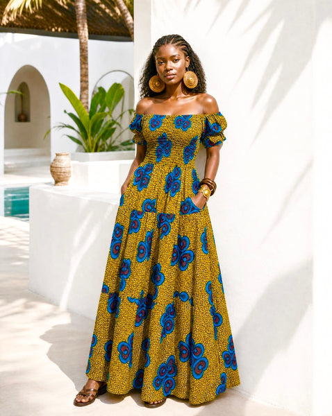Tande peasant inspired smocked maxi dress.