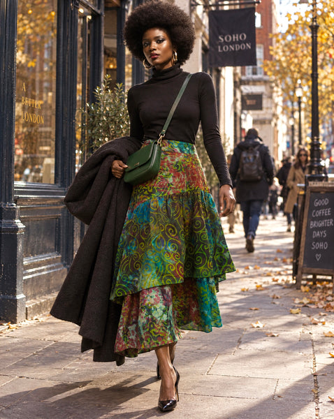 Azichi tiered skirt in a hand dyed fabric in a multicoloured palette.