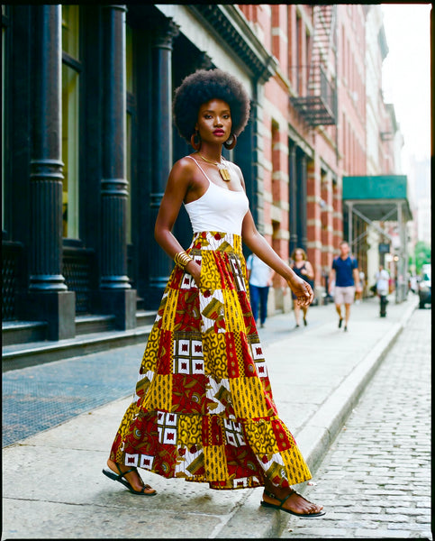 African print patchwork statement maxi skirt.